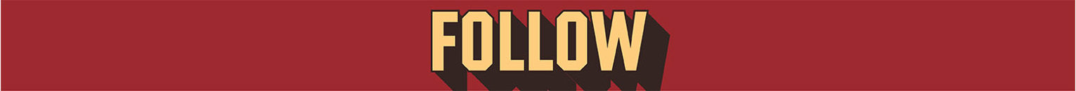 Yellow text with dark brown drop shadow saying "follow" on red background