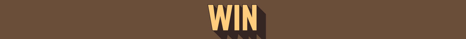 Yellow text with dark brown drop shadow saying "Win" on light brown background